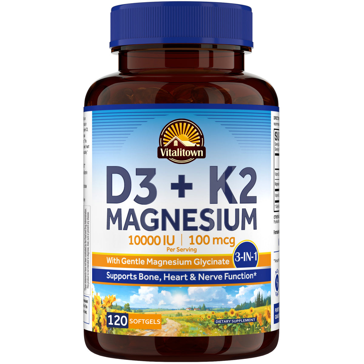 Vitalitown Vitamin D3 K2 10000 IU with Magnesium Glycinate 120 Softgels