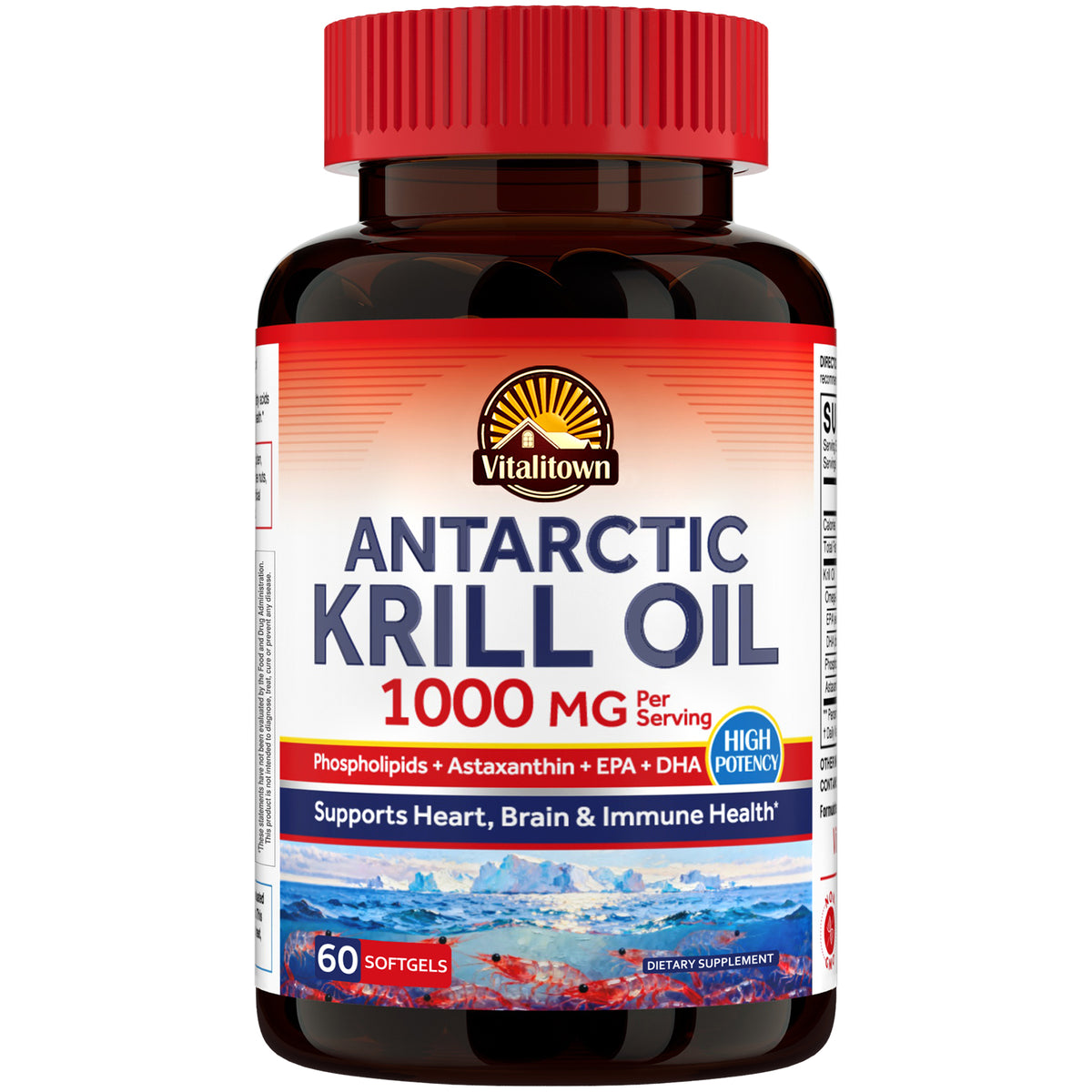 Vitalitown Antarctic Krill Oil 1000 mg with EPA DHA and Astaxanthin 60 Softgels
