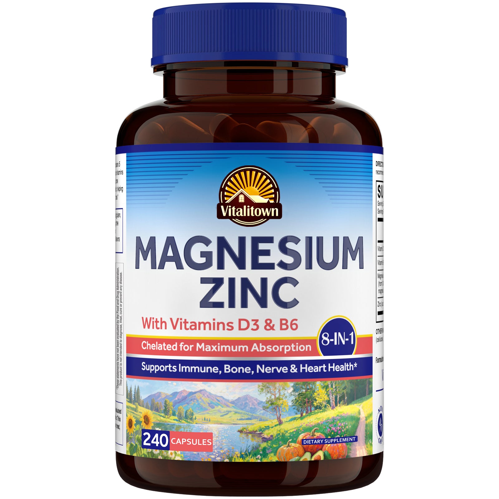 Vitalitown Magnesium Zinc Capsules with D3 B6 Supports Immune Bone Nerve Heart Health - 240 Count