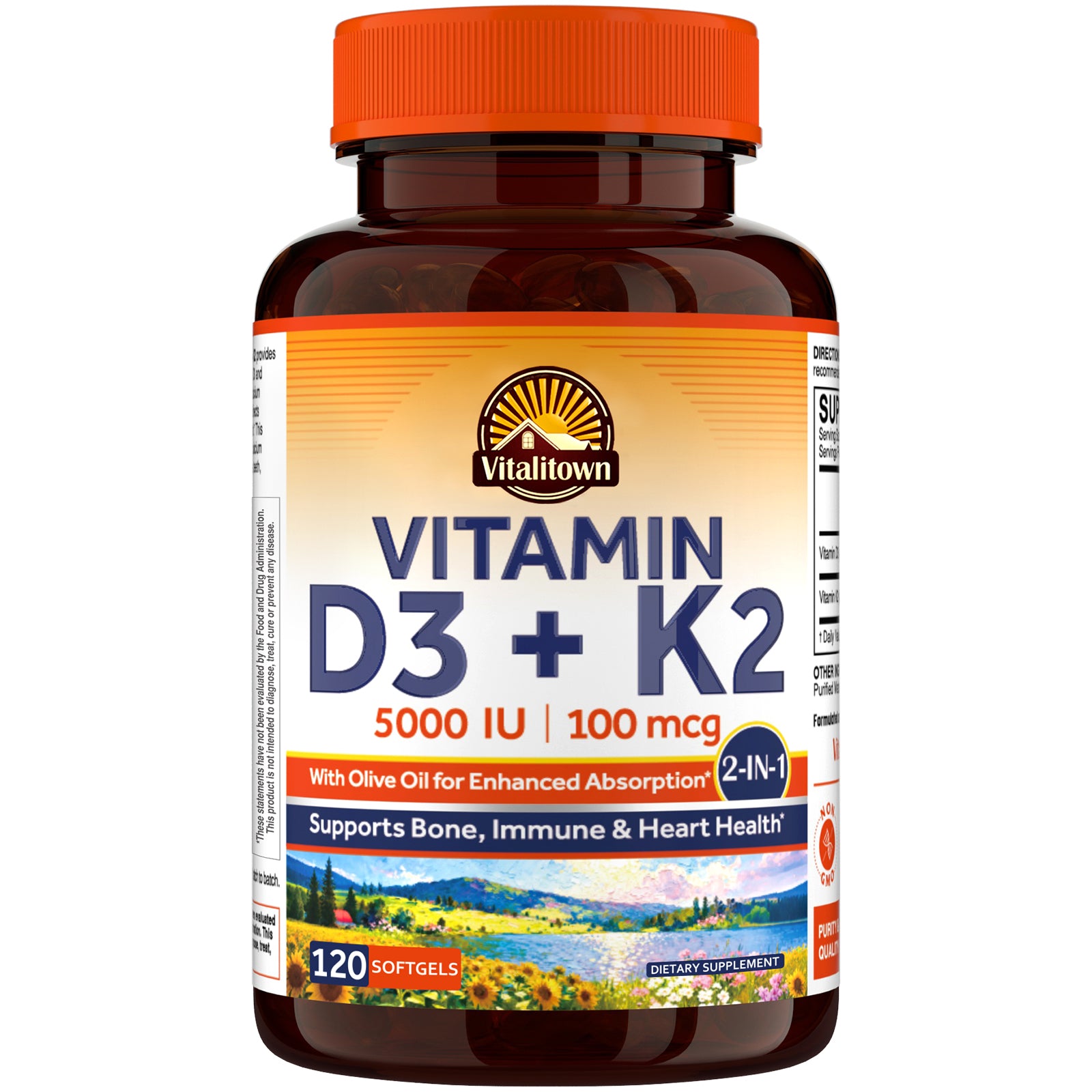 Vitalitown Vitamin D3 K2 Softgels with Olive Oil Supports Bone Immune Teeth Health - 120 Count