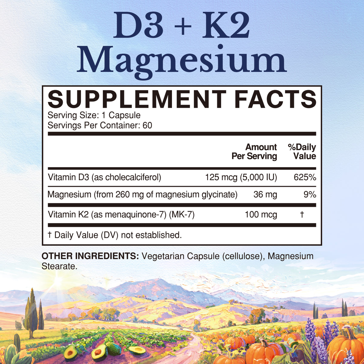 D3 K2 Magnesium Supplement Facts with 5000 IU D3 and 36 mg Elemental Magnesium
