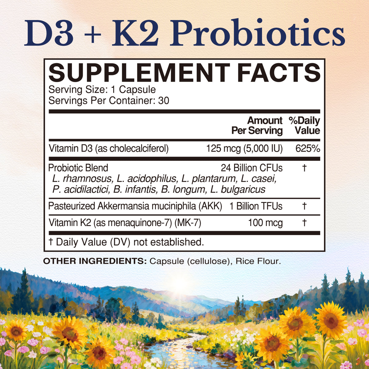 D3 K2 Probiotics Supplement Facts with 5000 IU D3 and 1 Billion TFU Akkermansia