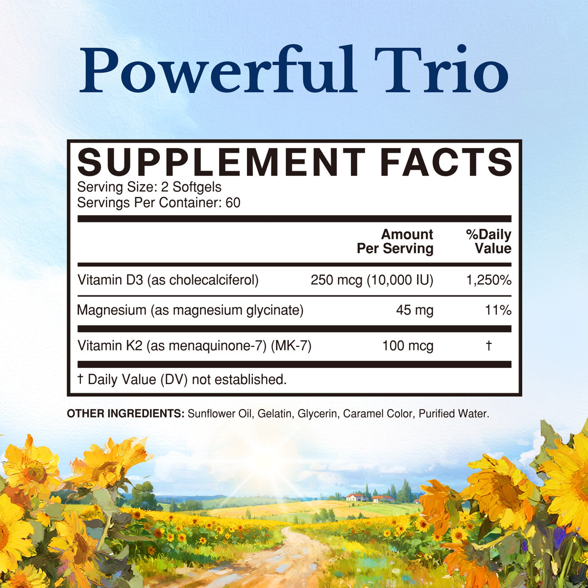 Vitamin D3 K2 Supplement Facts with 10000 IU D3 and 45 mg Magnesium