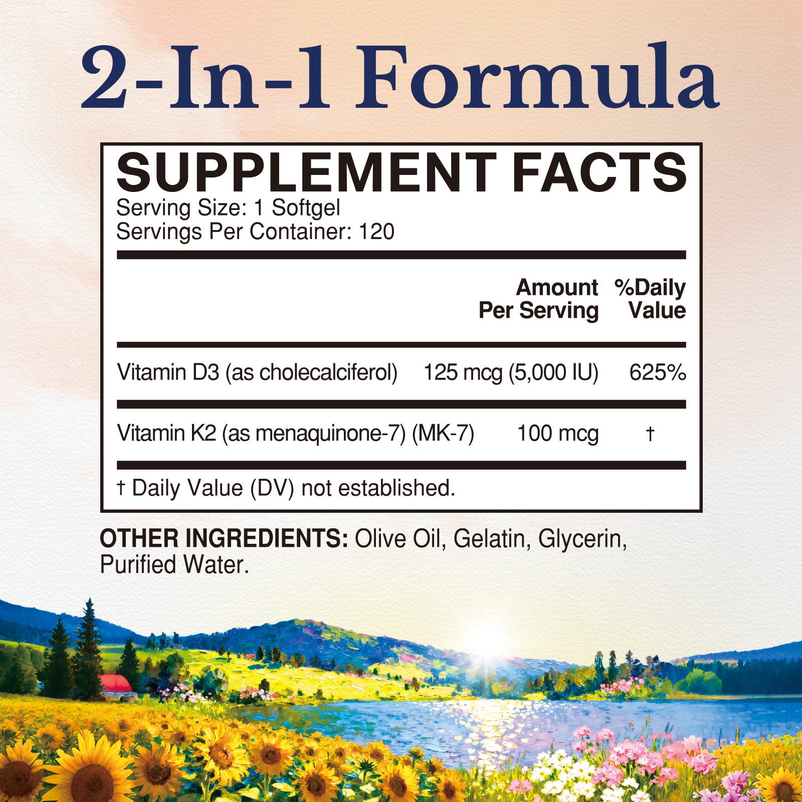 Vitamin D3 K2 Supplement Facts |  5000 IU D3 100 MCG K2 with Olive Oil for Enhanced Absorption - 120 Softgels