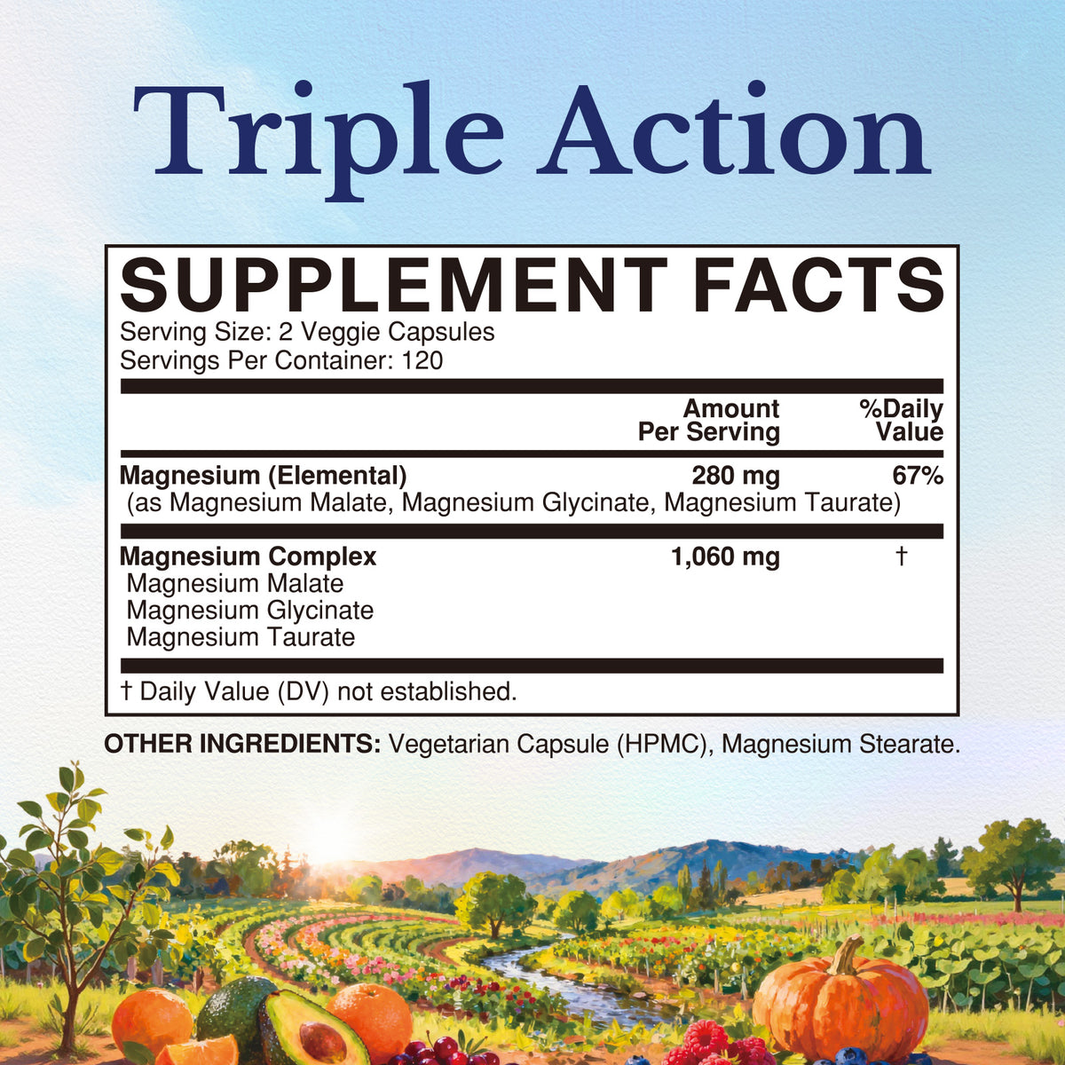 Triple Magnesium Complex Supplement Facts with 280 mg Elemental Magnesium per Two Capsules