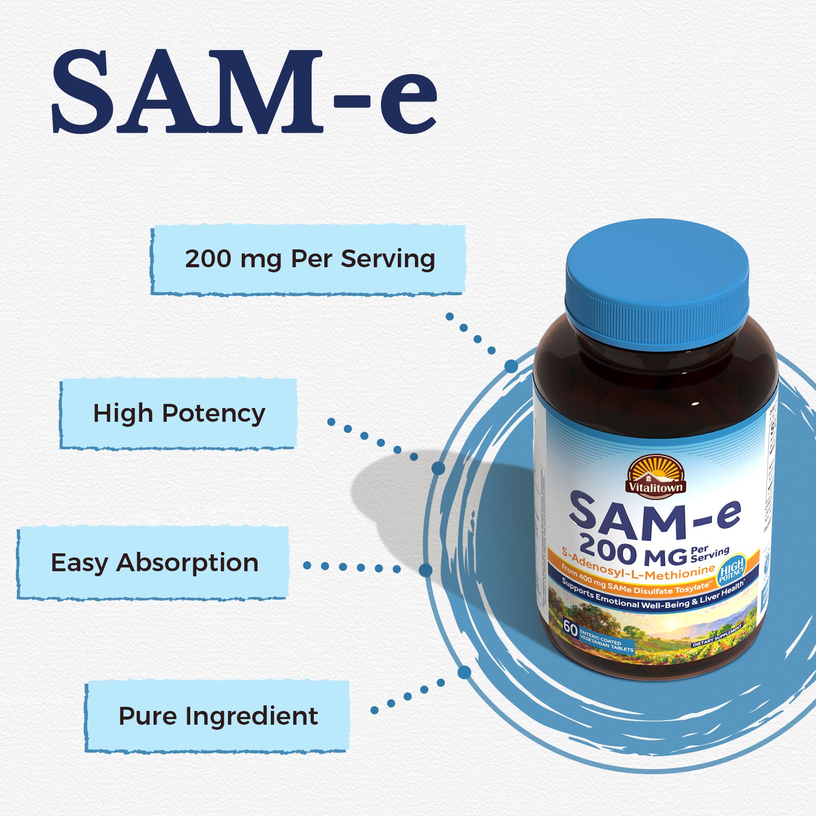 Vitalitown SAM-e 200mg Per Serving High Potency Easy Absoption