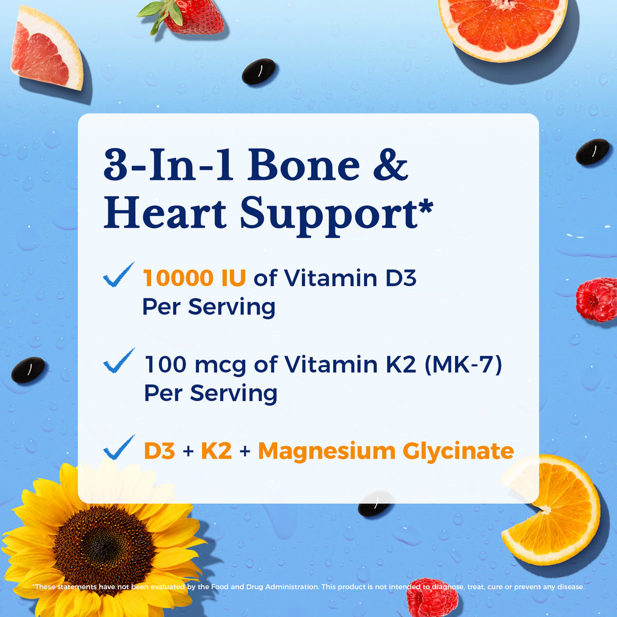 Vitamin D3 10000 IU with K2 MK-7 and Magnesium Glycinate Supports Bones and Heart