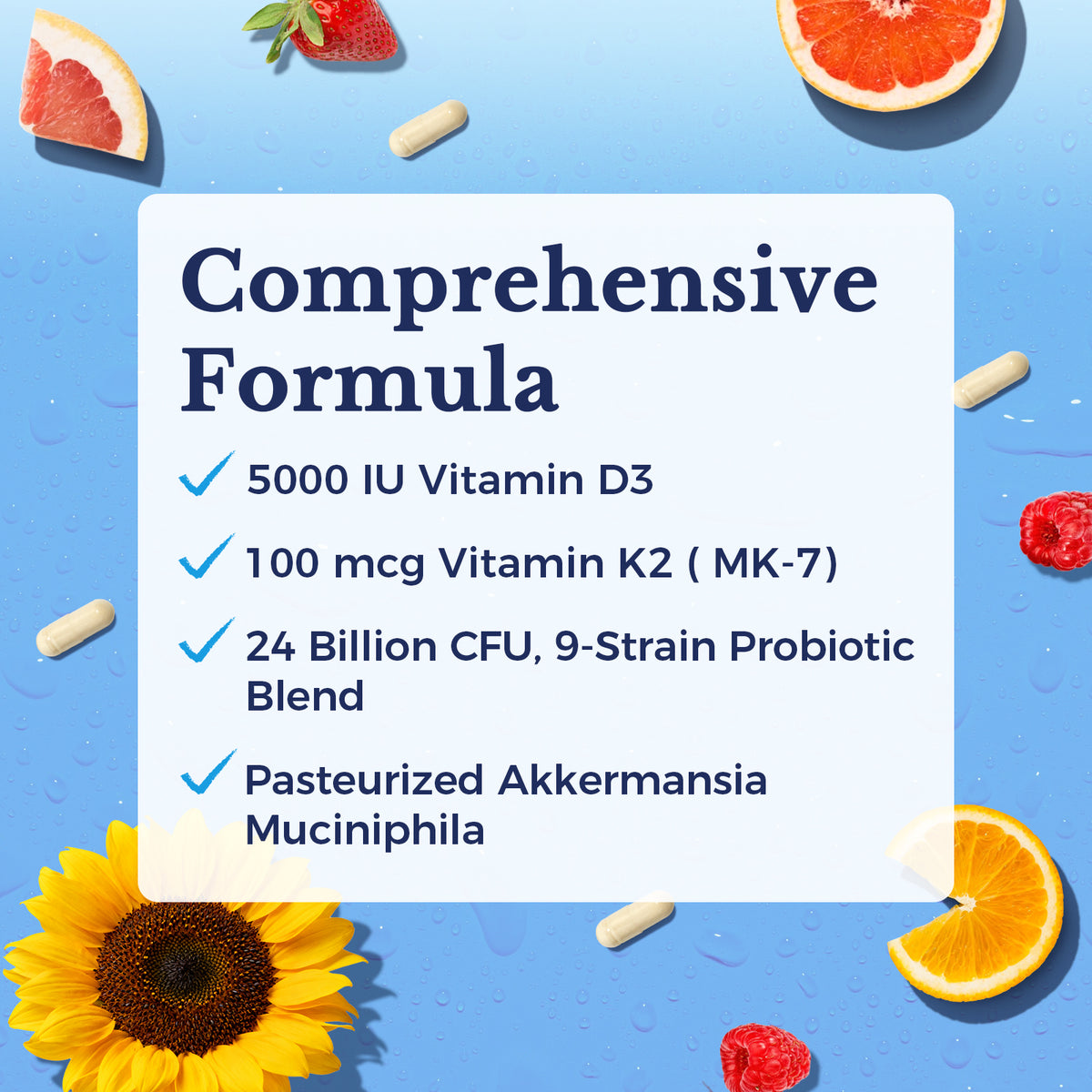 Vitamin D3 K2 with 24 Billion CFU Nine Probiotic Strains and Pasteurized Akkermansia