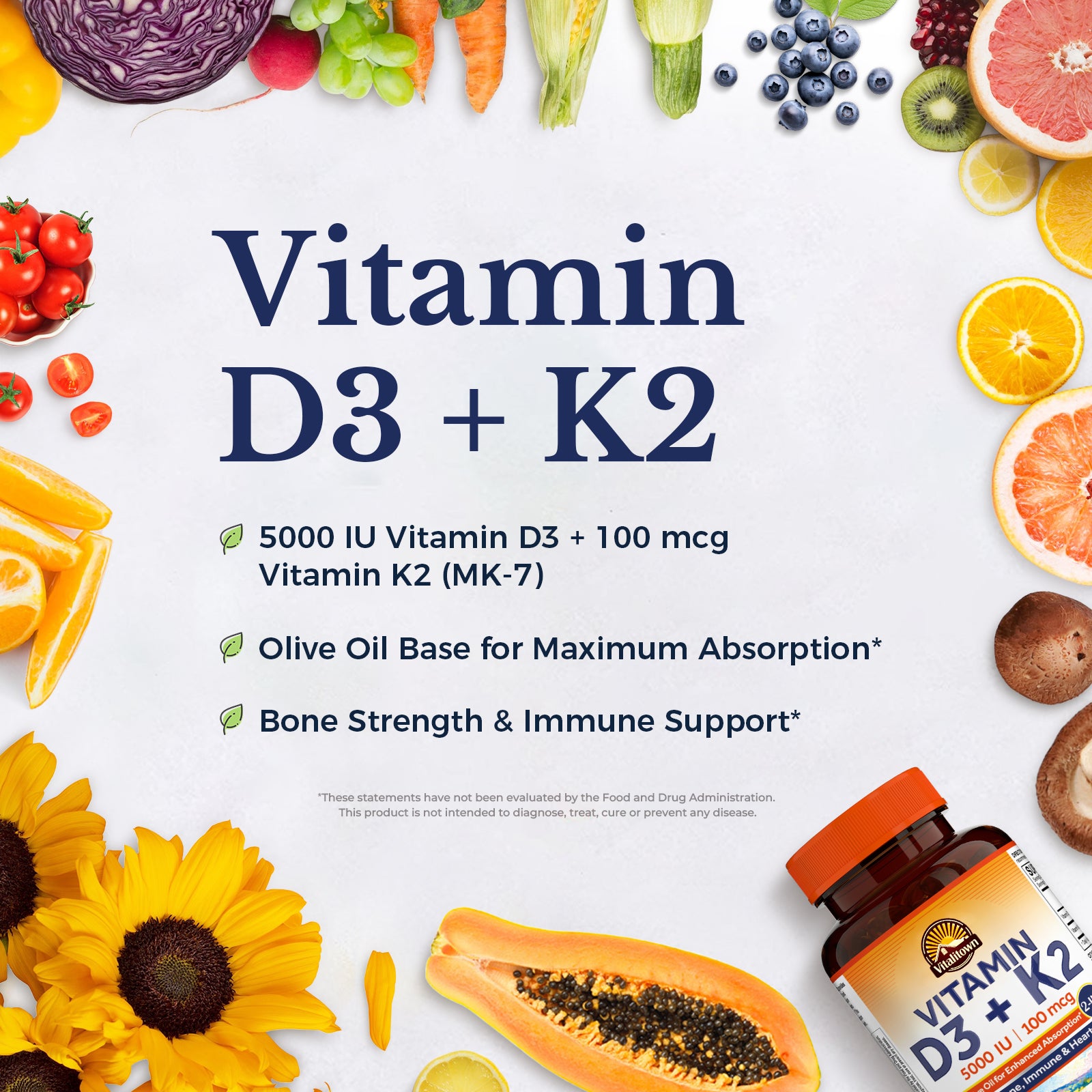 Vitamin D3 K2 with Olive Oil Supports Bone Strength Immune Health