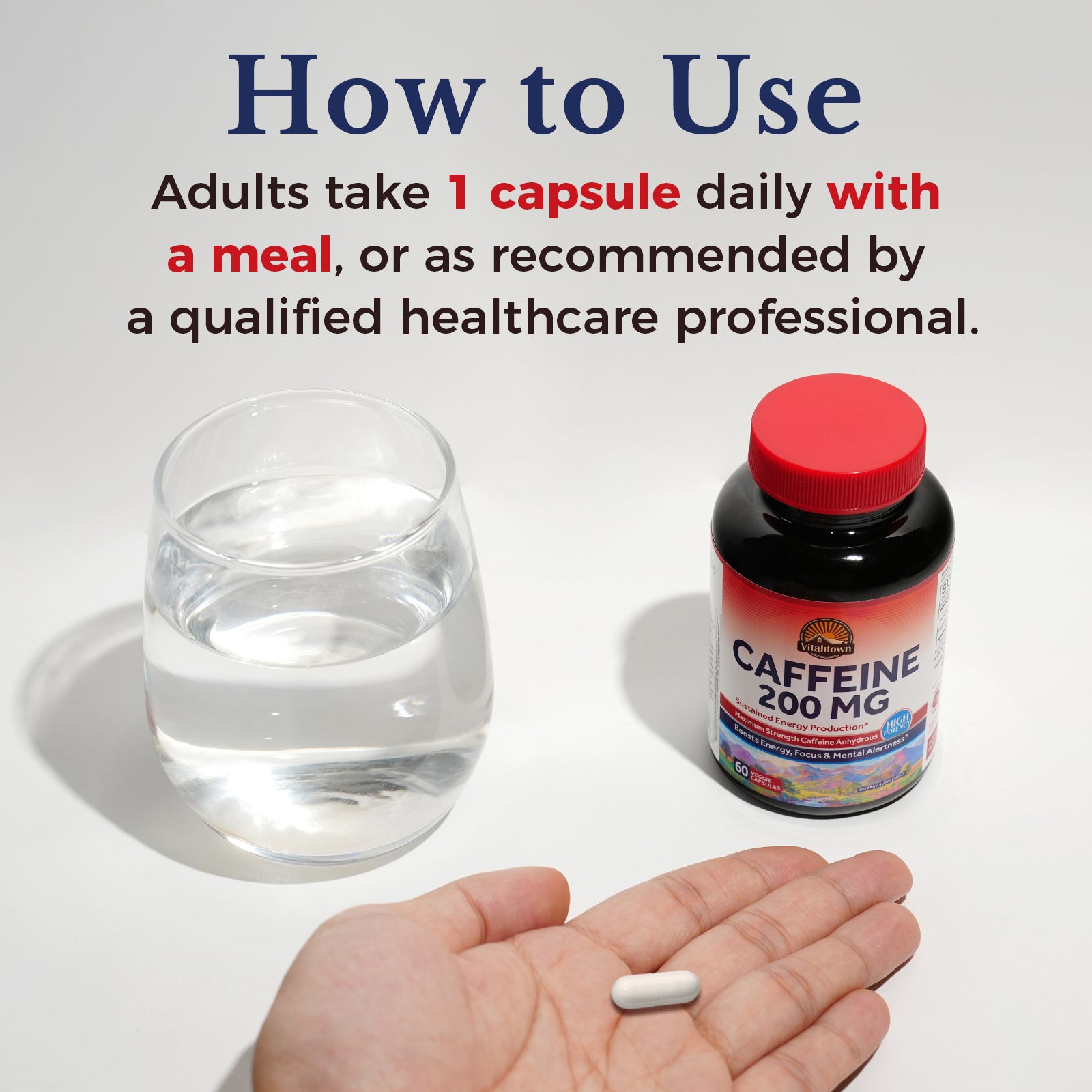 Caffeine Supplement 60 Capsules 60 day supply. Adults take one capsule daily with a meal