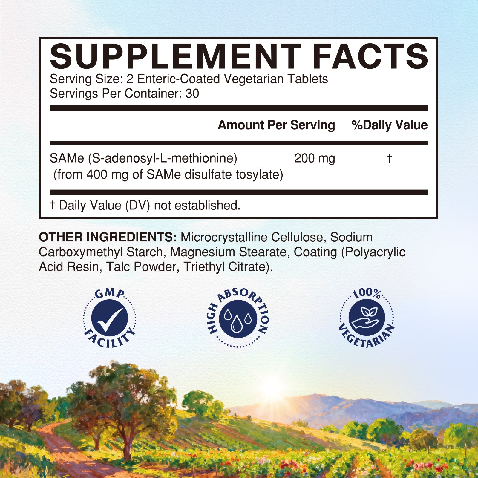 Vitalitown SAM-e Supplement Facts | S-adenosyl-L-methionine 200 mg - 60 Tablets