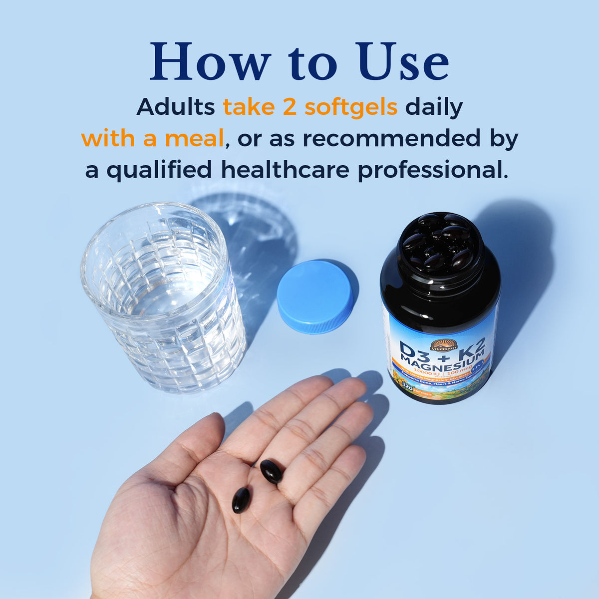 D3 K2 Magnesium 120 Softgels Take Two Daily with a Meal