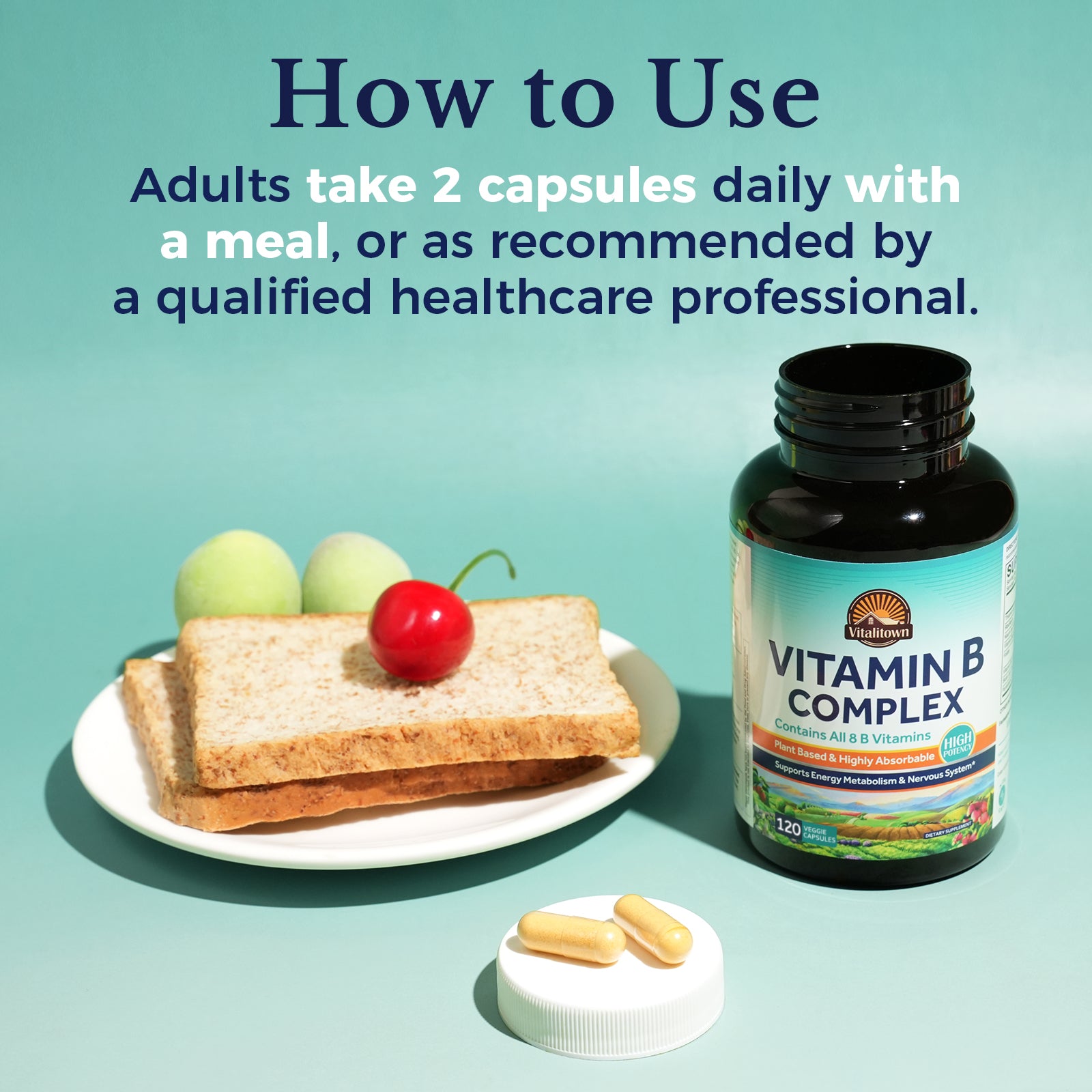 Vitamin B Complex Supplement 120 Capsules 60 day supply. Adults take two capsules daily with a meal