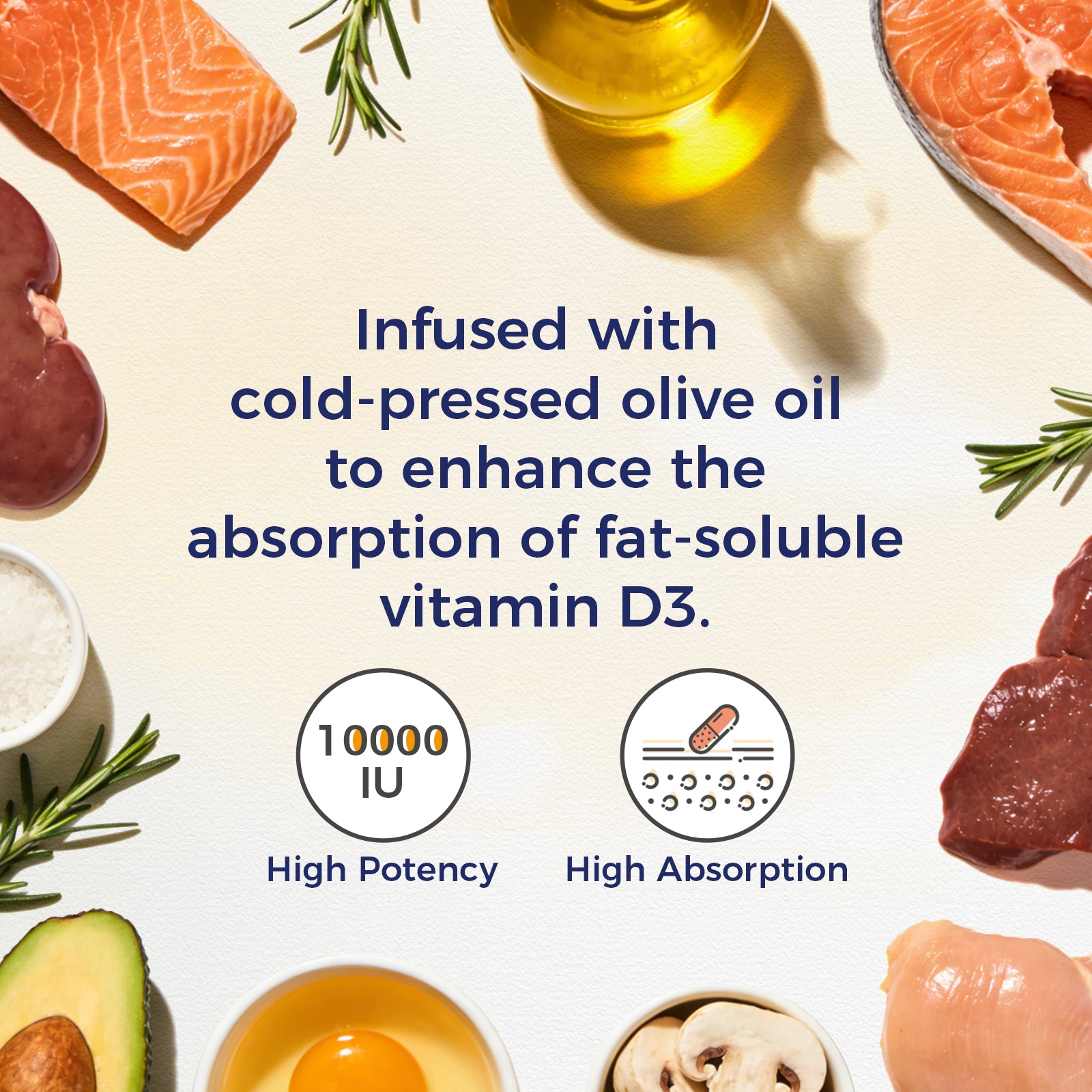 Infused with Cold-Pressed Olive Oil to Enhance the Absorption of Fat-Soluble Vitamin D3.