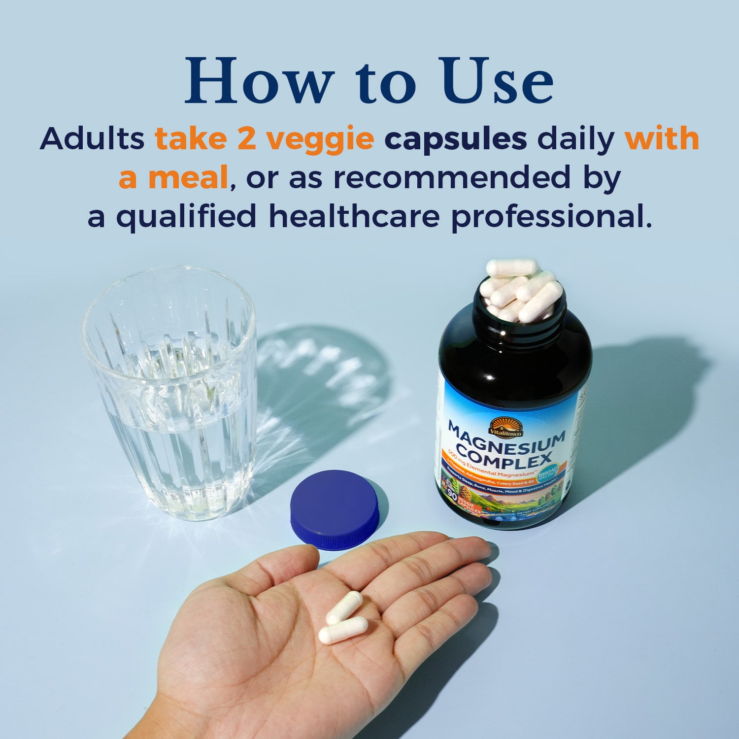 Magnesium Complex Supplement: Adults take two capsules daily with a meal