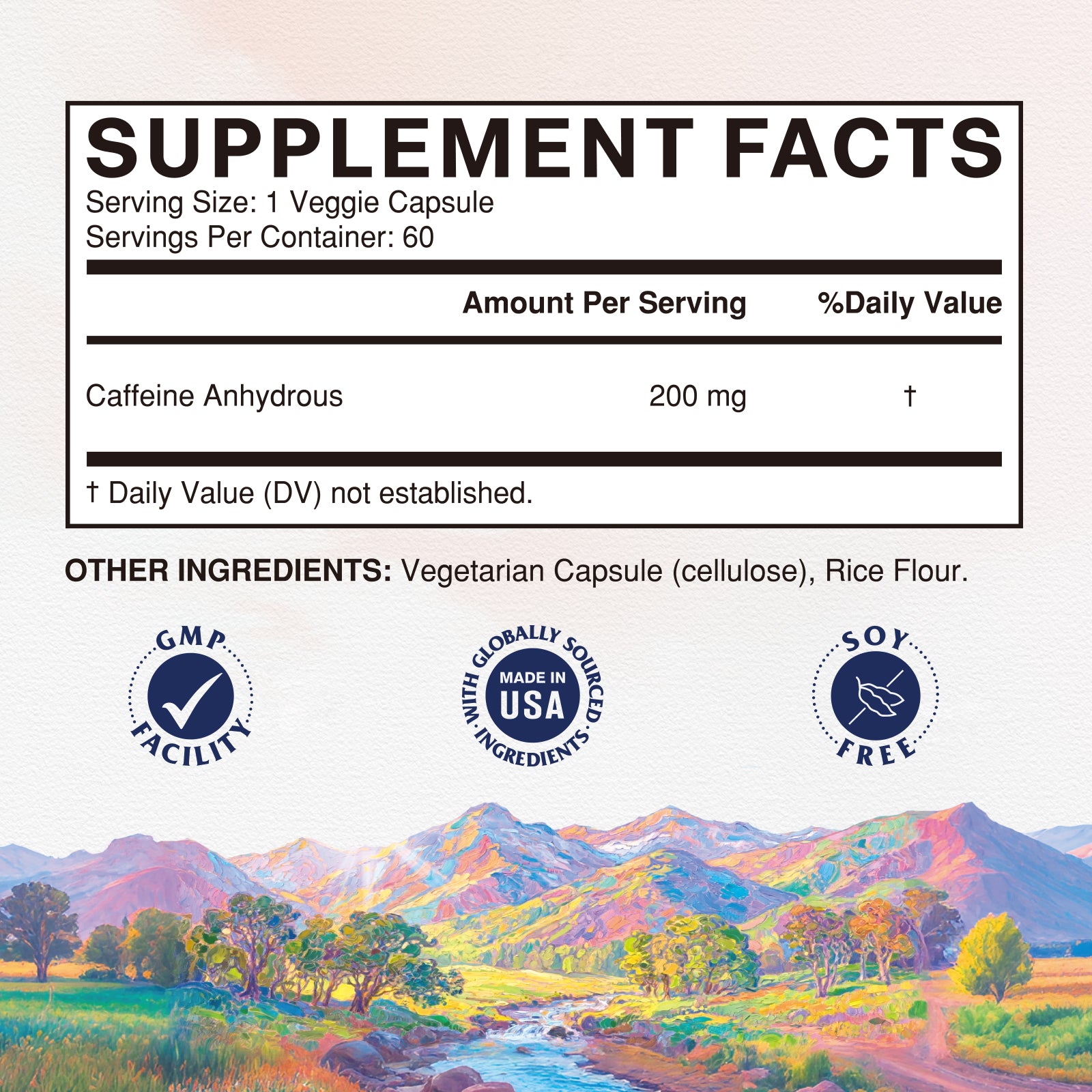 Caffeine Supplement Facts |  200 mg Caffeine Anhydrous - 60 Capsules
