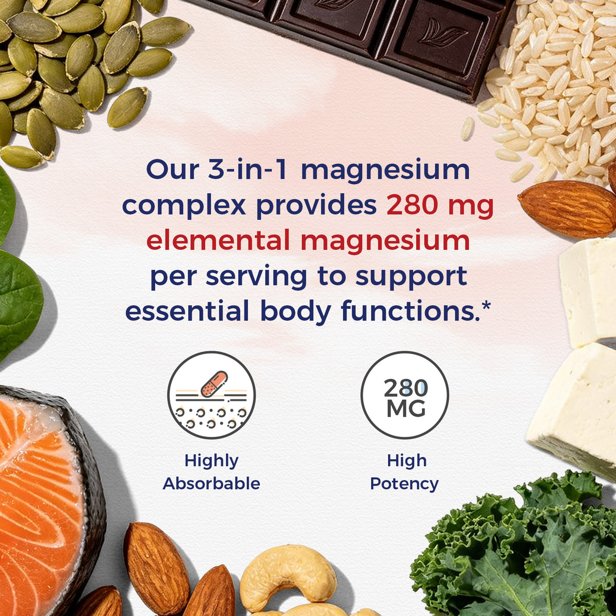 3-in-1 Magnesium Complex Provides 280 mg Elemental Magnesium per Serving for Essential Body Functions
