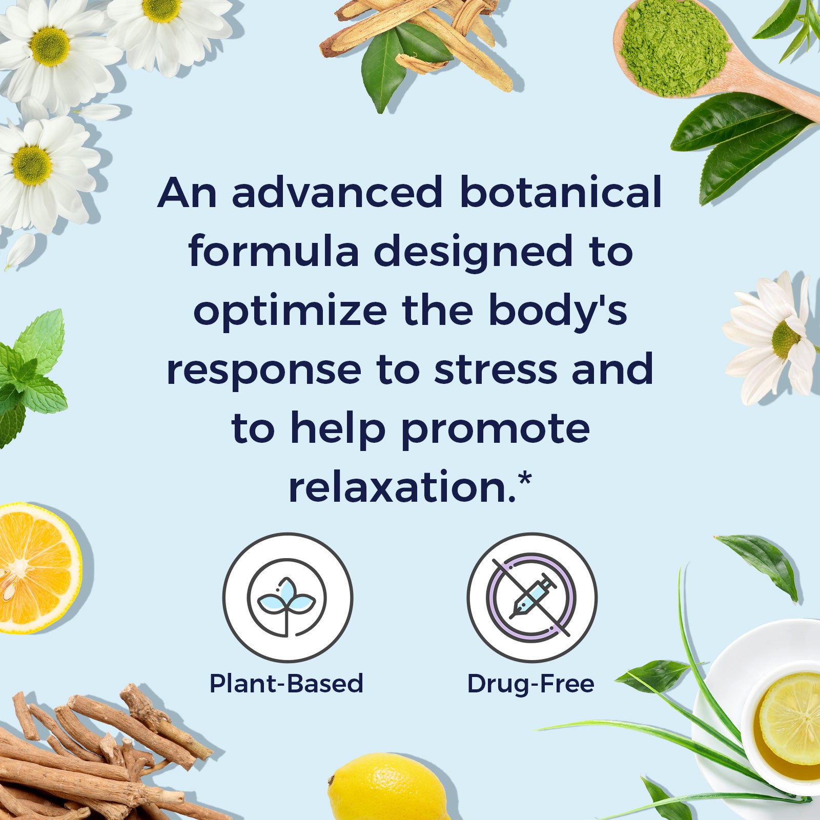 An advanced botanical formula designed to optimize the body's response to stress and to help promote relaxation.*