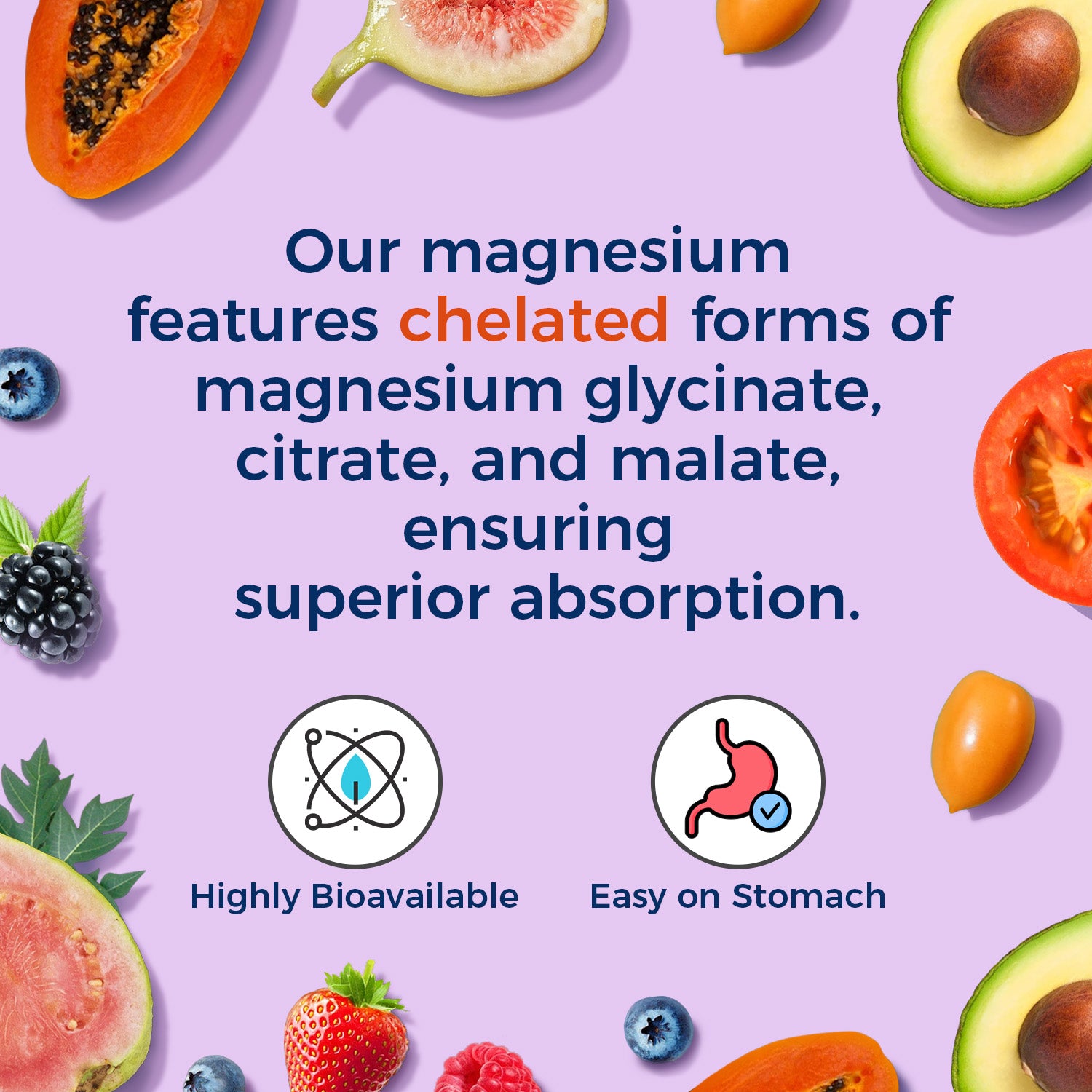 Features chelated forms of magnesium glycinate citrate and malate, ensuring superior absorption