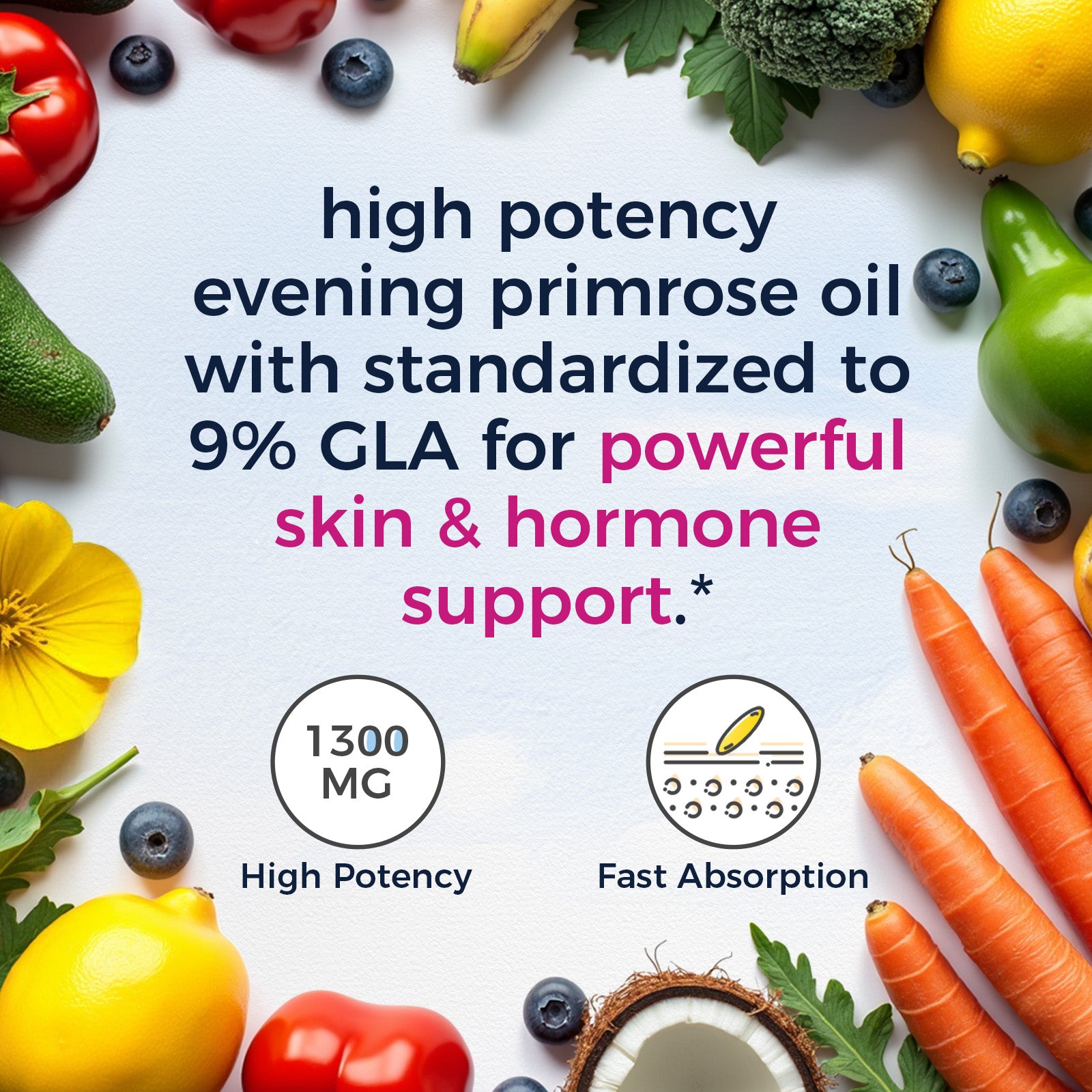 High Potency 1300 mg Evening Primrose Oil Standardized to 9% gamma-linolenic acid Fast Absorption