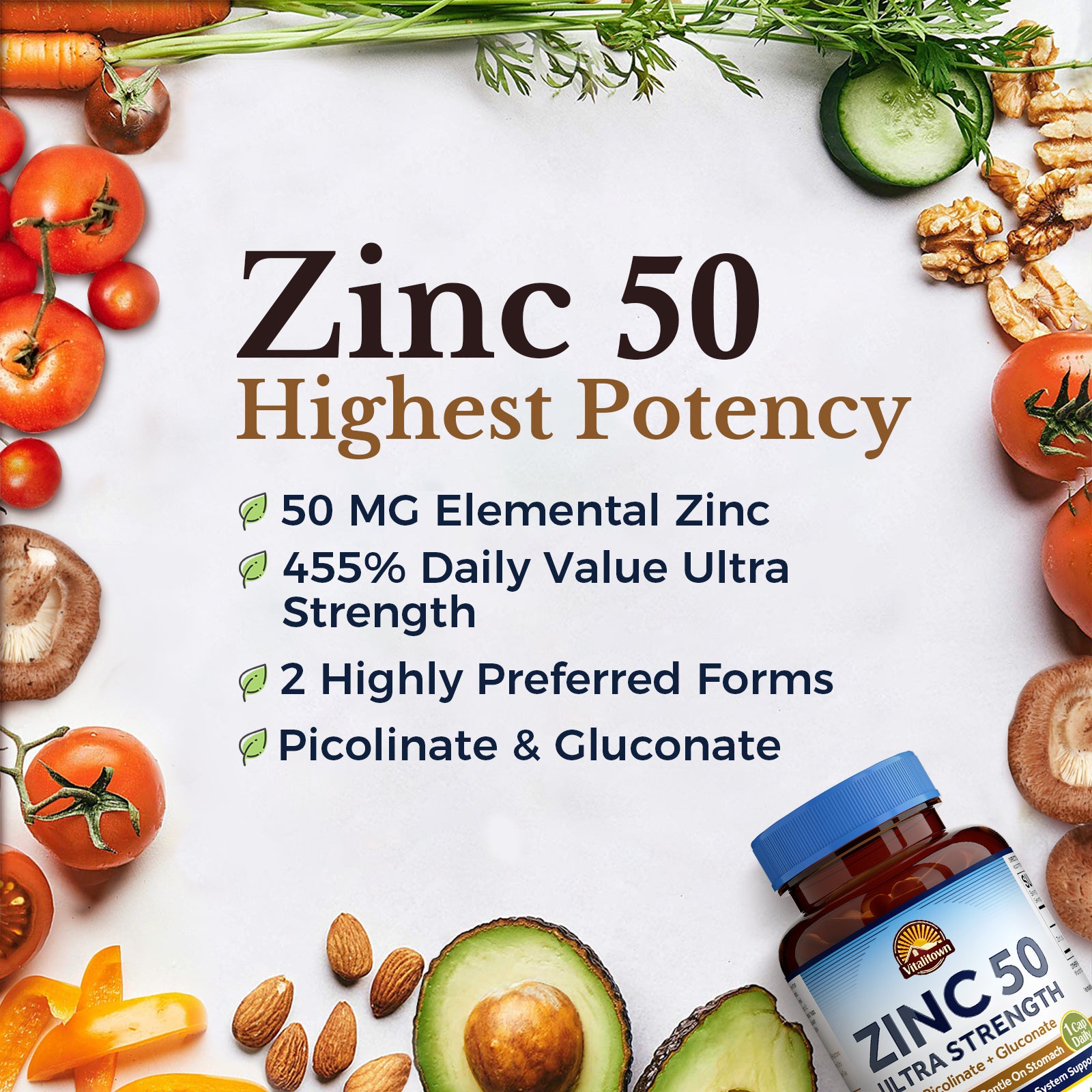 High Potency 50 mg Elemental Zinc 455% Daily Value | 2 Highly Preferred Forms