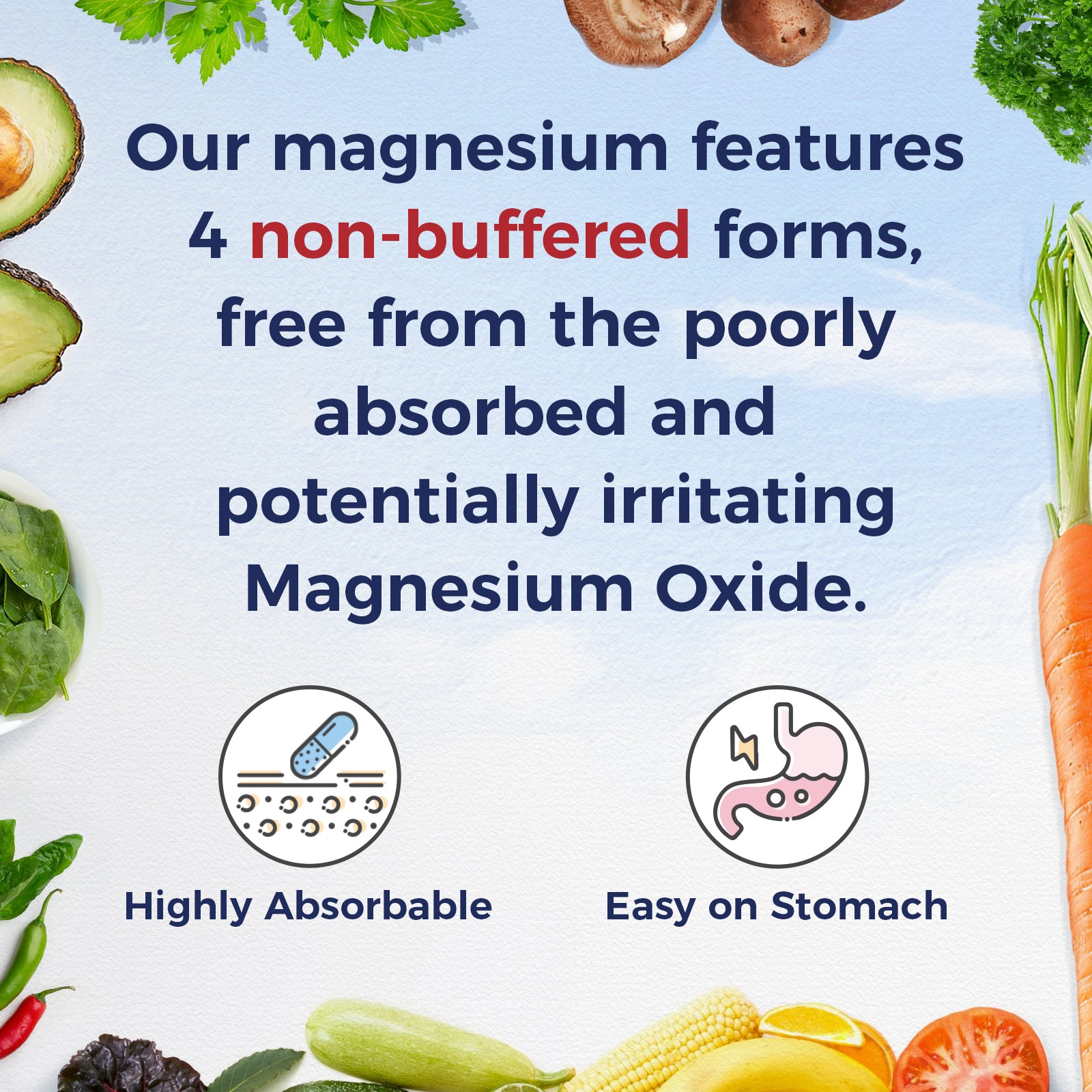 Highly Absorbable Easy on Stomach | Our magnesium features 4 non-buffered forms, free from the poorly absorbed and potentially irritating Magnesium Oxide