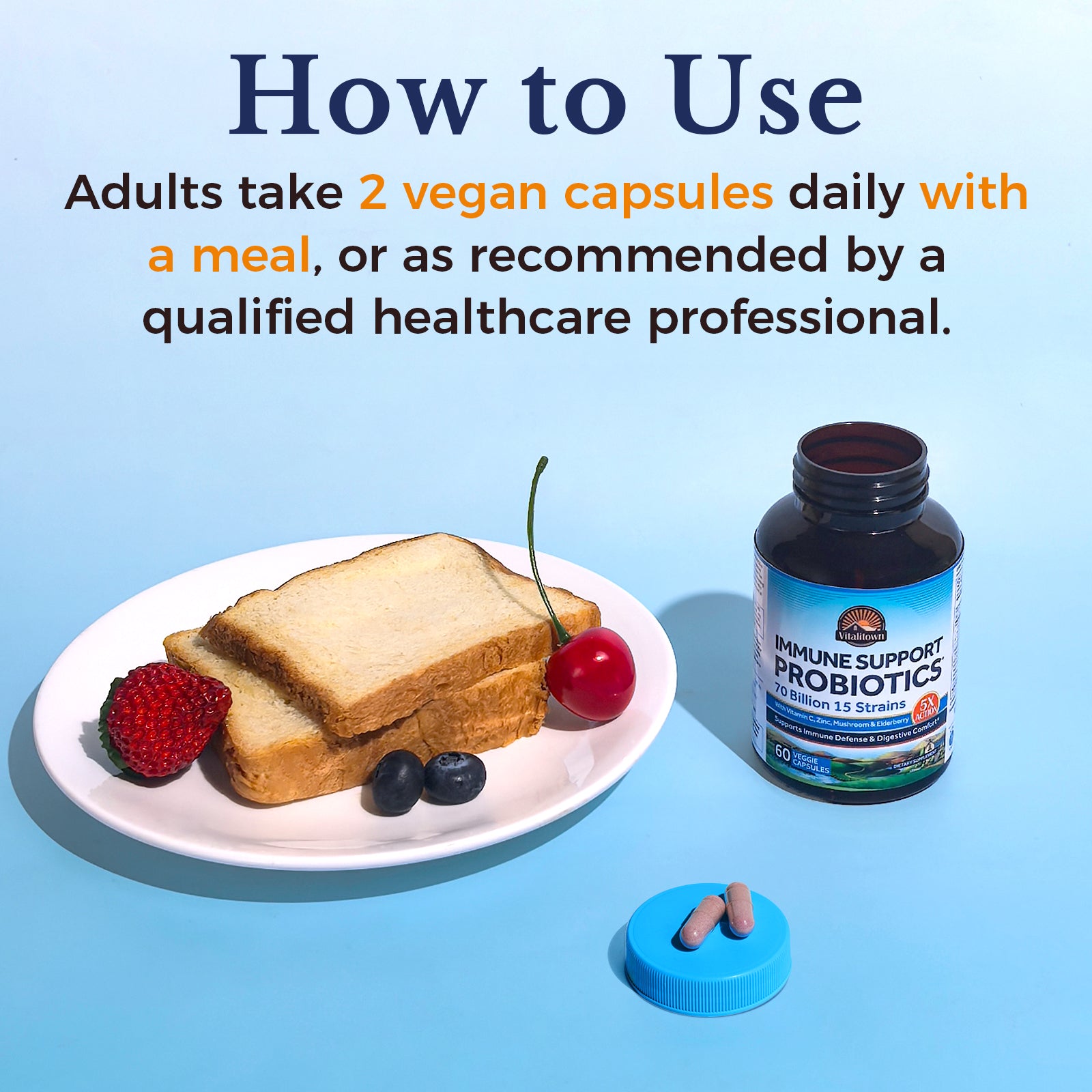 Immune Support Probiotics: 60 Capsules; 30 Day Supply. Adults take two capsules daily with a meal