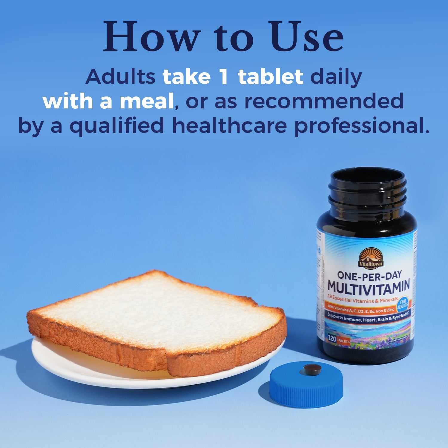 One Per Day Multivitamin: Adults take one tablet daily with a meal