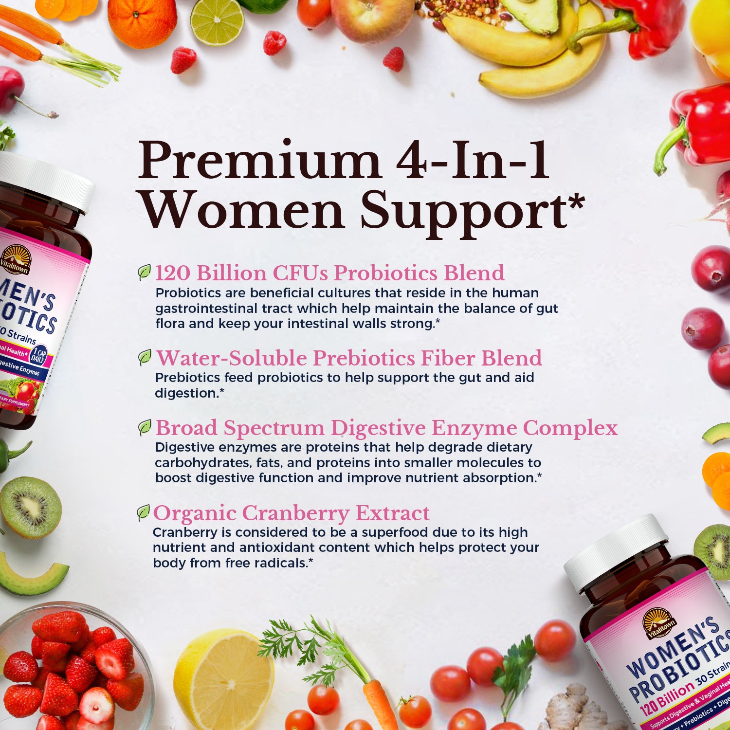 Premium 4-In-1 Women Support 120 Billion CFUs Water-Soluble Prebiotics Broad-Spectrum Digestive Enzymes Organic Cranberry Extract