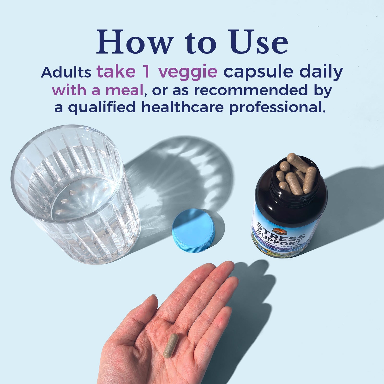 Stress Support Supplement: 60 Capsules; 60 day supply. Adults take one veggie capsule daily with a meal
