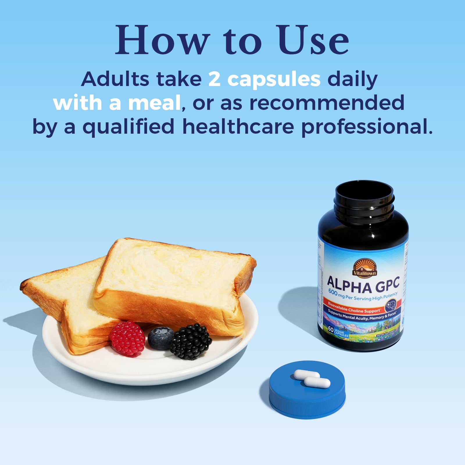 Vitalitown Alpha GPC Capsules: 60 Capsules; 30 day supply. Adults take two capsules daily with a meal