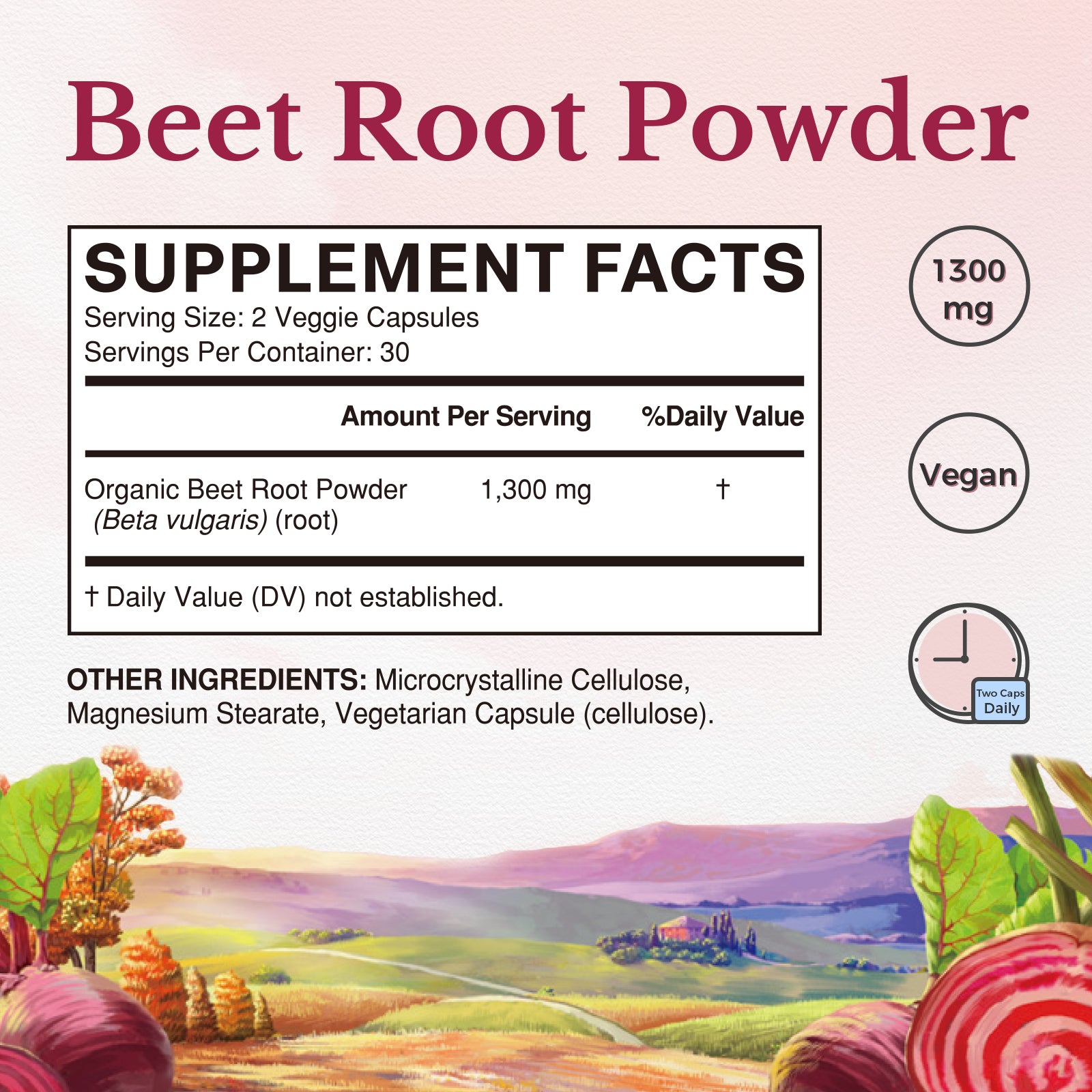 Vitalitown Beetroot Capsules Supplement Facts 1300mg Organic Beetroot Powder Per Serving