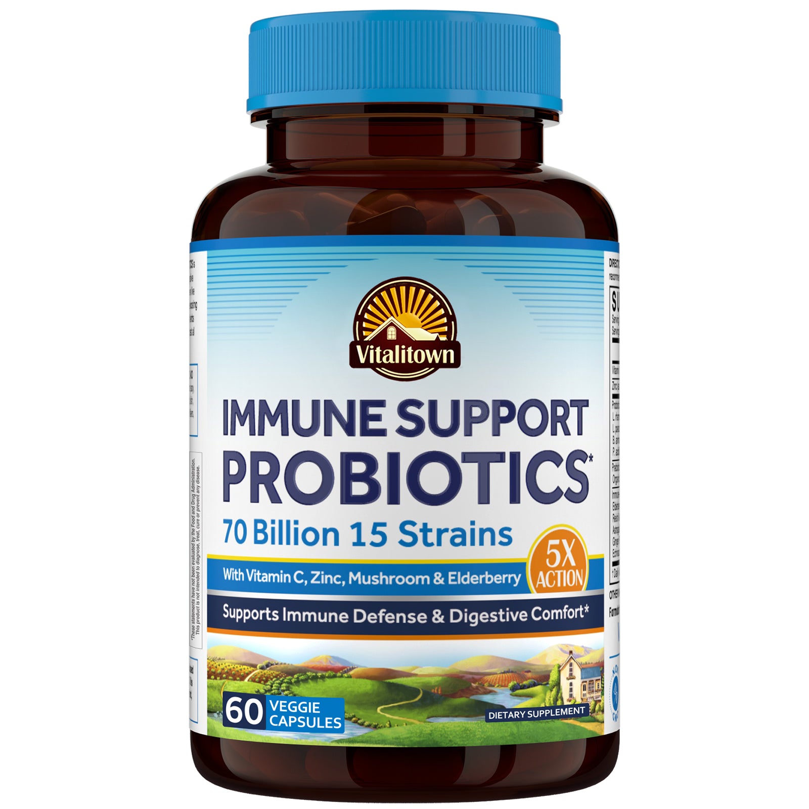 Vitalitown Immune Support Probiotics Capsules with VC Zinc Mushroom Elderberry Supports Immune Digestive Comfort - 60 Count