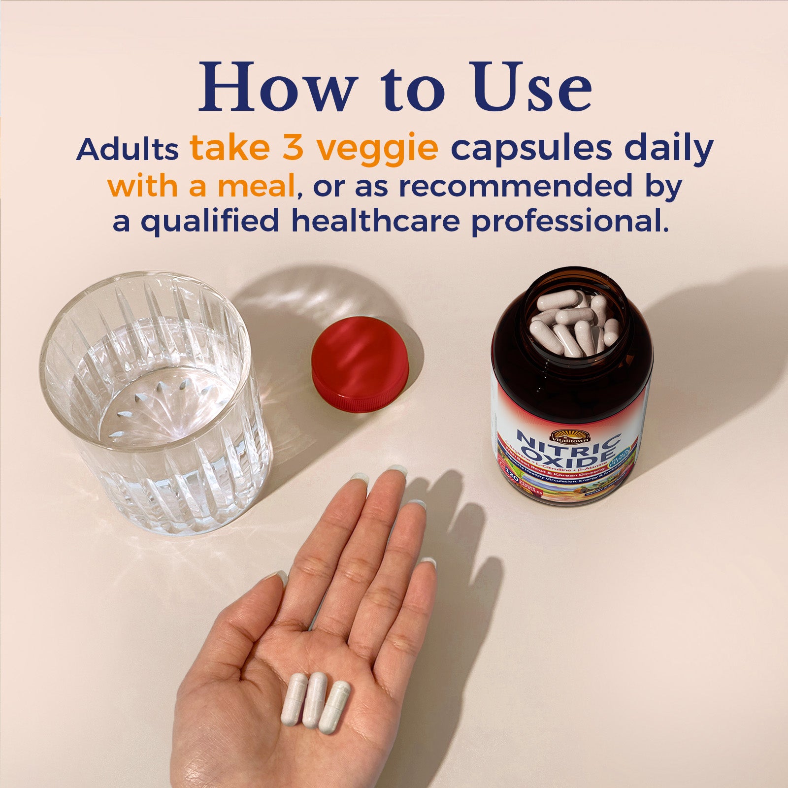 Vitalitown Nitric Oxide Capsules: 120 Capsules; 40 day supply. Adults take 3 capsules daily with a meal