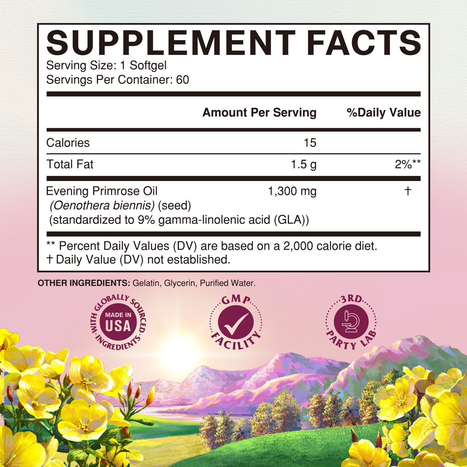 Vitalitown Primrose Oil Supplement Facts 1300mg Per Softgel Made In USA