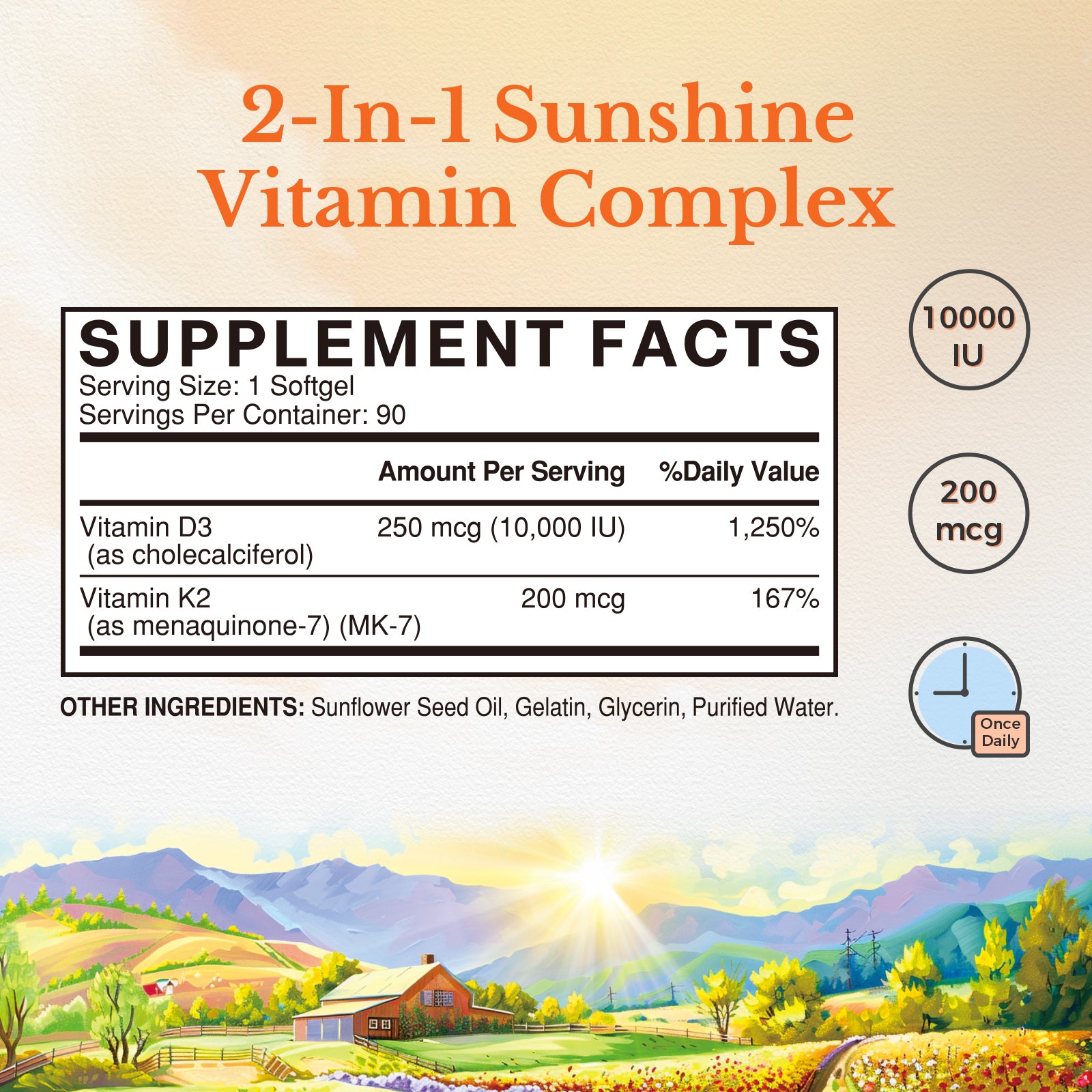 Vitalitown Vitamin D3 + K2 Supplement Facts | 10000 IU D3 200 mcg K2 - 90 Softgels