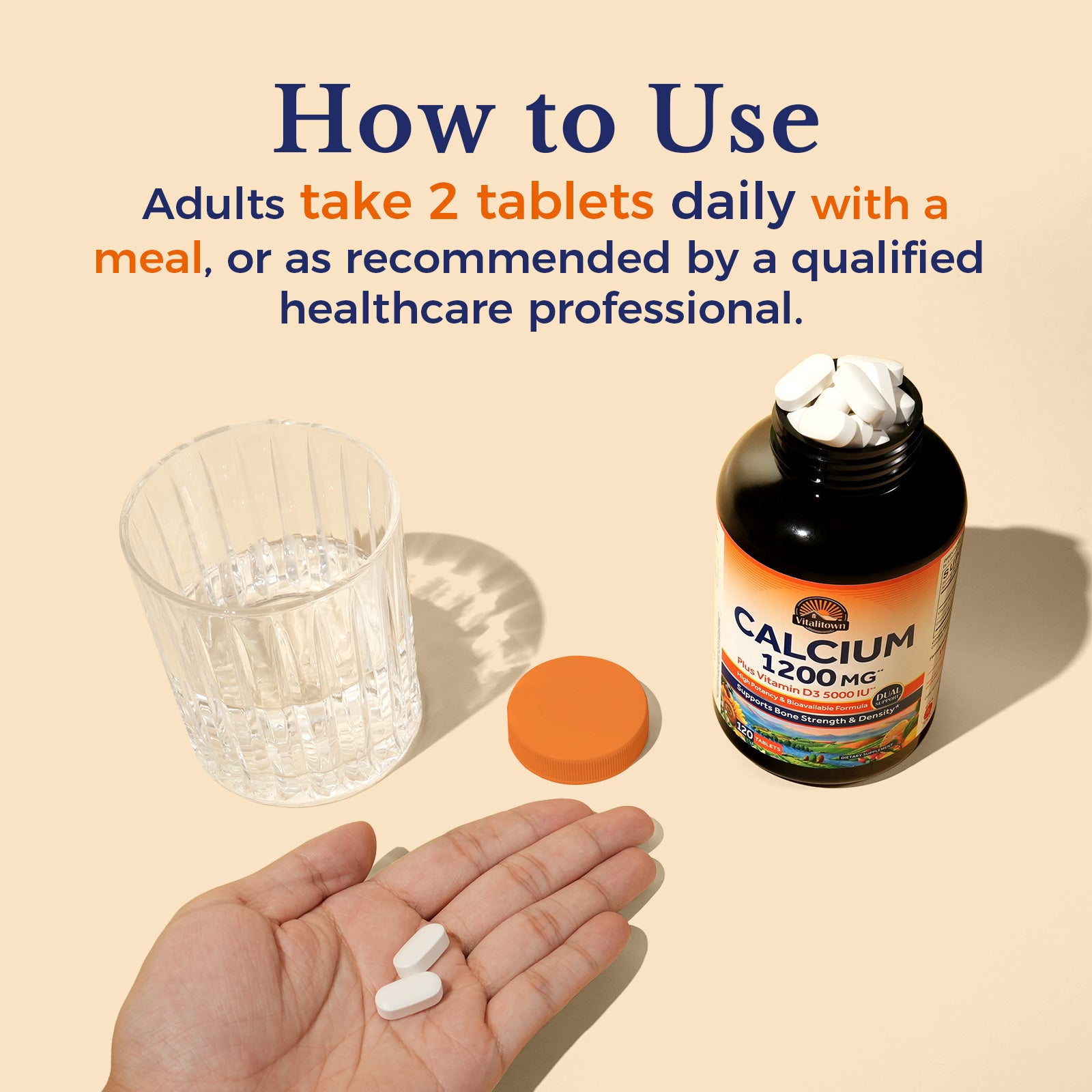 Vitamin Calcium + Vitamin D3 Supplement: 120 Tablets; 60 day supply. Adults take two tablets daily with a meal
