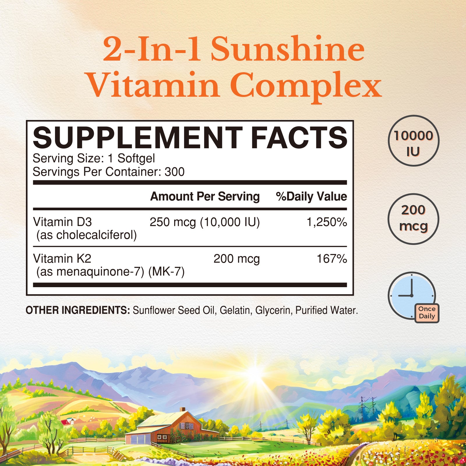 Vitamin D3 Supplement Facts |  10000 IU D3 and 200 mcg K2 - 300 Softgels