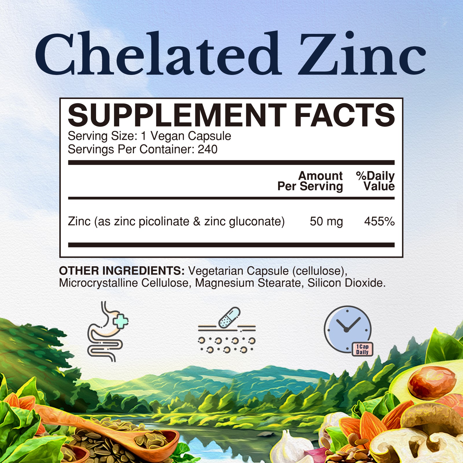 Zinc 50 Ultra Strength Supplement Facts | 50mg Zinc as Zinc Picolinate + Gluconate - 240 Capsules