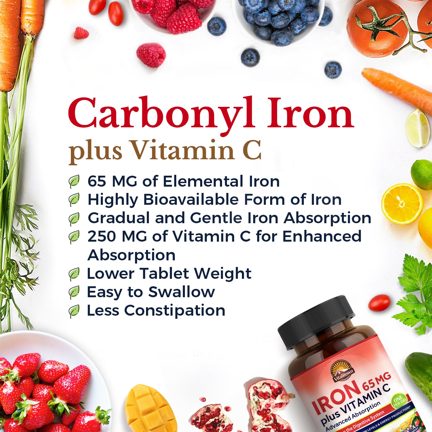 Carbonyl Iron plus Vitamin C | 65 mg Elemental Iron Gradual and Gentle Iron Absorption