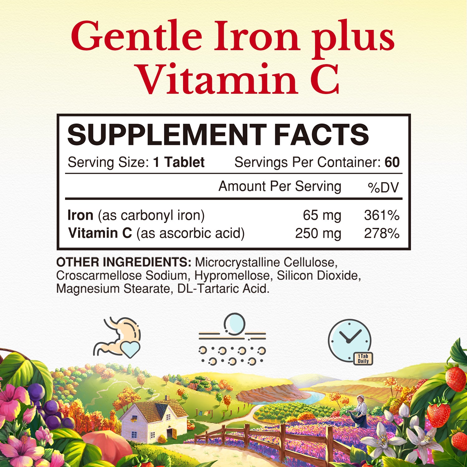 Iron plus Vitamin C Supplement Facts |  65mg Iron with VC for Enhanced Absorption - 60 Tablets