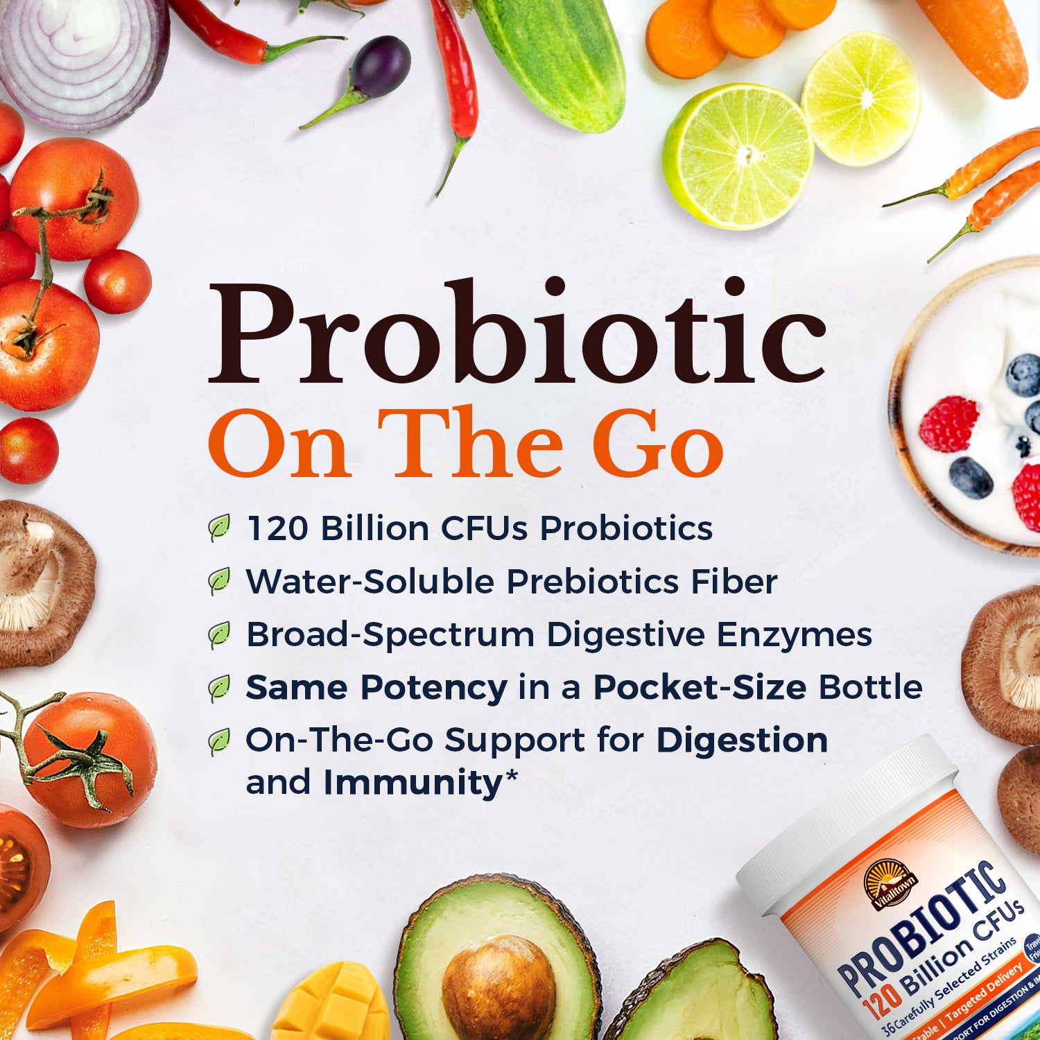 Probiotics On-The-Go 120 Billion CFUs Water-Soluble Prebiotics Broad-Spectrum Digestive Enzymes Support Digestion Immunity