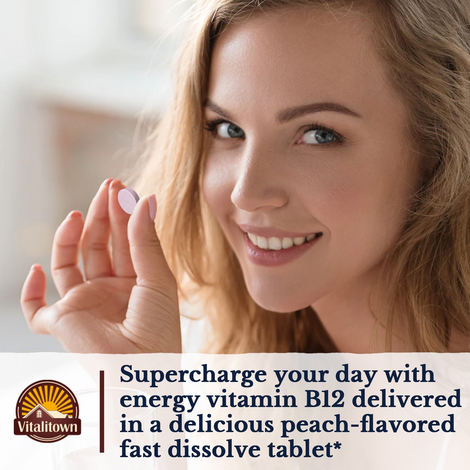 Supercharge Your Day with Energy Vitamin B12 Delivered in a Delicious Peach-Flavored Fast Dissolve Tablet*