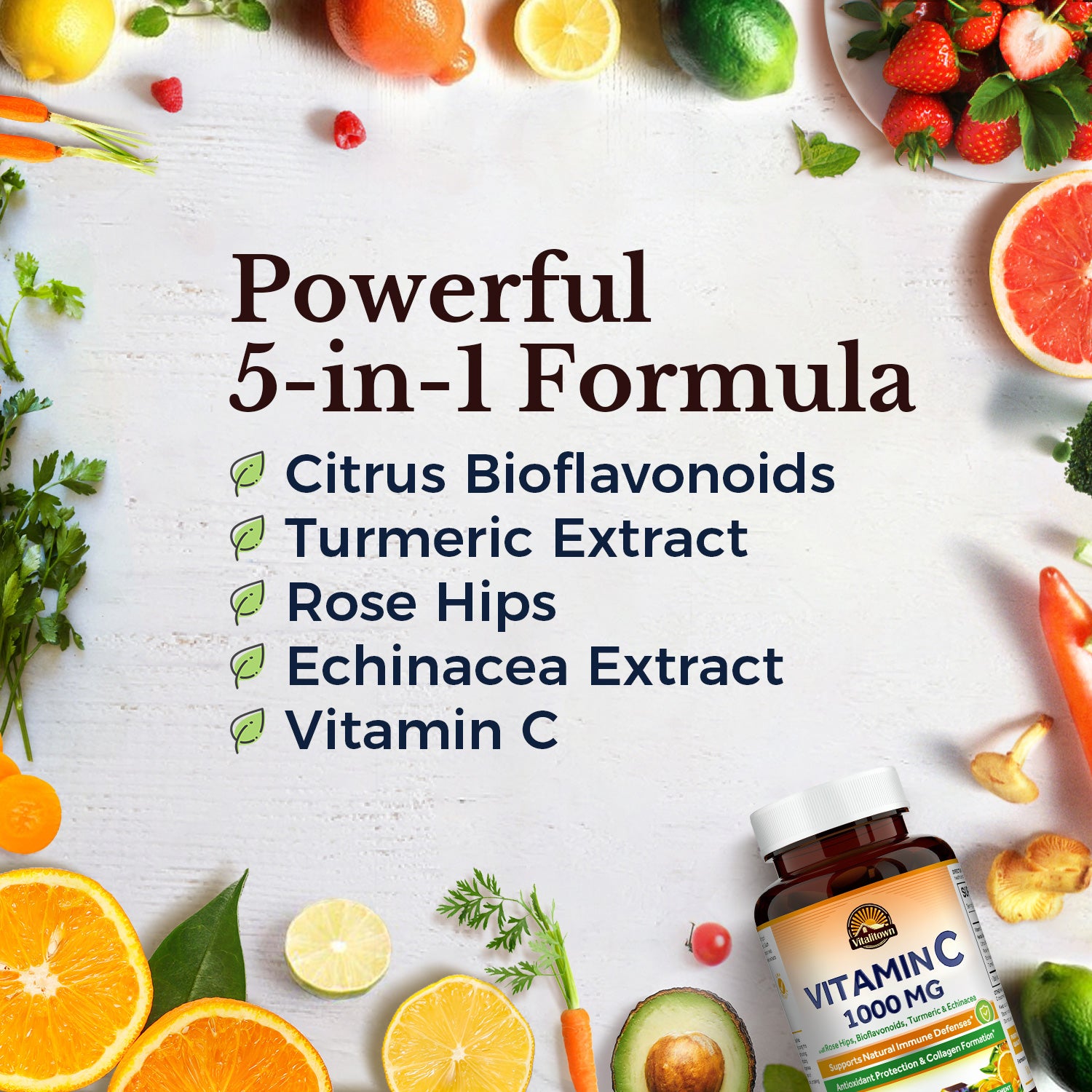 The Powerful Formula contains Citrus Bioflavonoids Turmeric Extract Rose Hips Echinacea Extract and VC
