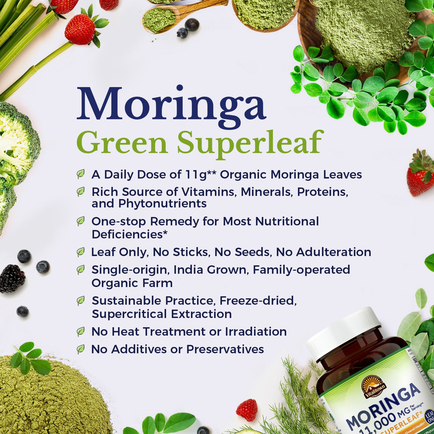 Vitalitown Moringa Capsules Supplement Facts 11,000 mg Per Serving Pure Moringa Leaves