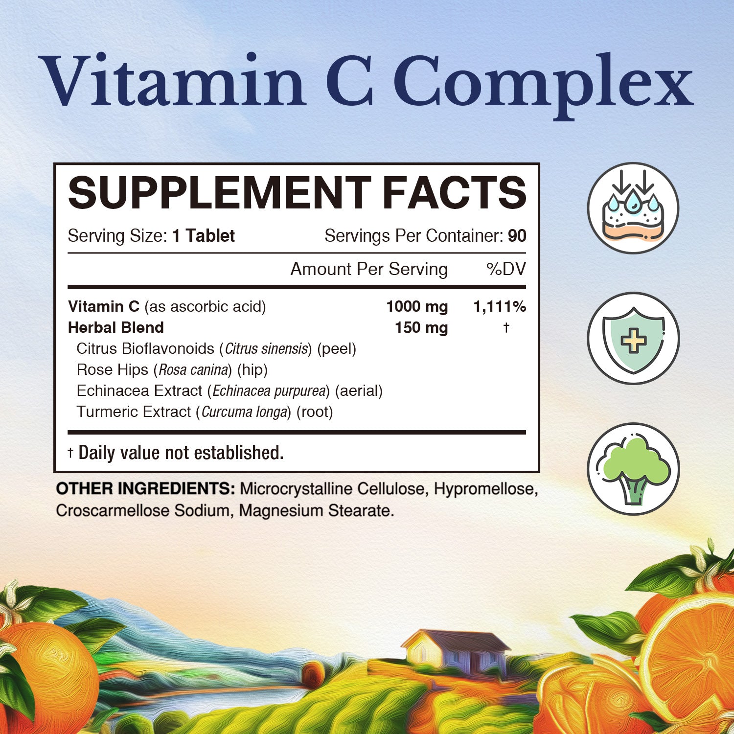 Vitamin C Complex Supplement Facts |  1000 mg VC with Herbal Blend - 90 Tablets